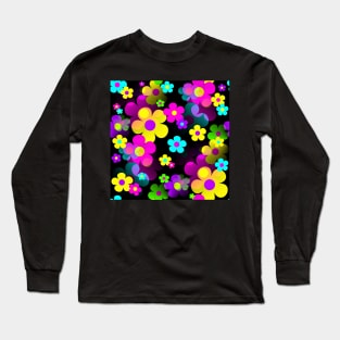 60's Retro Mod Small Flowers Multi on Black Long Sleeve T-Shirt